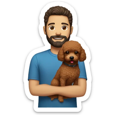 white guy with dark hair and beard holding brown toy poodle sticker