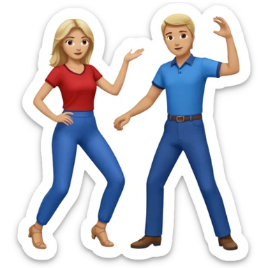 Two people dancing. Man in red shirt and pants with brown hair. Women in blue shirt and pants with blond hair. sticker