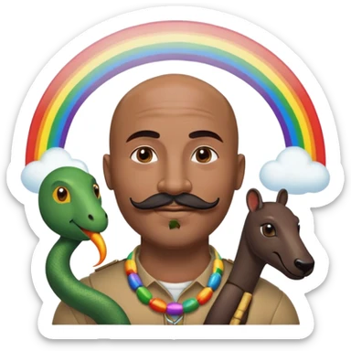 Oxumarê as a happy 37-year-old bald man with very dark skin tone, smooth oval head, indigenous facial features, mustache with circular beard only on chin (no hair on sides), a round mole on the right side below the lip, accompanied by a rainbow serpent, Memoji style sticker