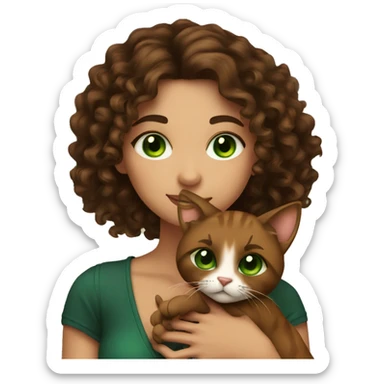 Long curly brunette girl with tattoos holding a brown cat with green eyes sticker