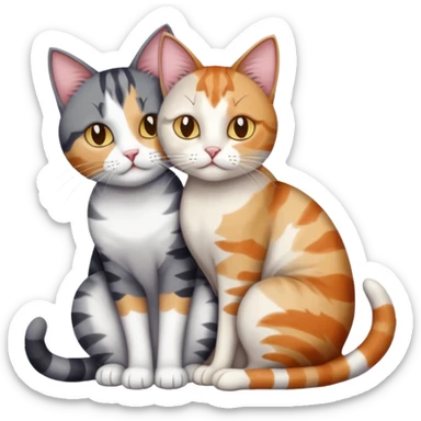 full body colourful light patched calico + white tabby cat cuddling a bigger cat that is dark grey and white tabby cat  and they are in love sticker