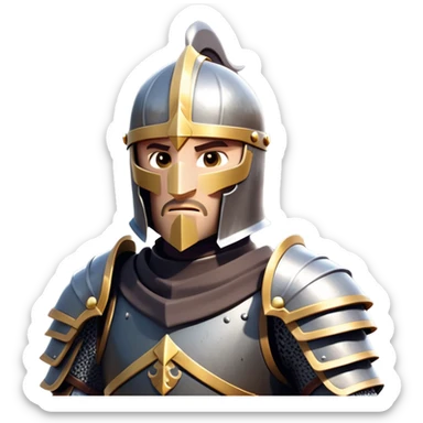 clash-of-clans-aesthetic_-cinematic-fearsome-and-majestic-knight-bust-portrait-emoji, rendered in a flat, vector-style with minimal shading and bold, simplified shapes, depicting a battle-ready medieval knight with steely eyes and intricate armor, mounted riding on a black warhorse reflecting sunlight over a misty battlefield. sticker