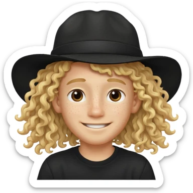 blonde boy with long curly hair past his hears and a LA hat, smiling, wearing a black shirt with freckles sticker