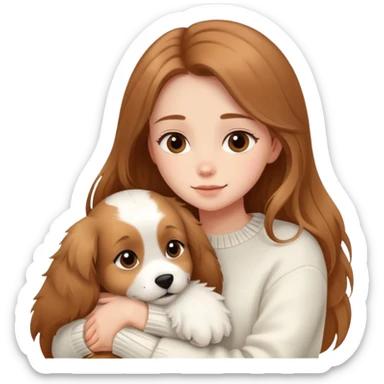 a girl with long light brown hair, in a white sweater, hugs a cute one dog. sticker