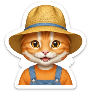 farmer cat gardener in denim overalls with a straw hat sticker