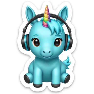 Unicornio bebé cyan sentado escuchando música con auriculares negros sticker