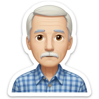Thin elderly man with light skin. Elongated face with kind expression. Light brown eyes. Thin eyebrows. White goatee and white mustache. Very long, straight fine gray-white hair that reaches shoulders, with some bangs. Slim build. Wearing a blue and beige checkered button-up shirt. sticker