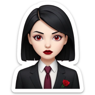 {
      "type": "human",
      "look": "femal modern vampire, slick hairstyle, dark suit, loosened tie",
      "description": "a modern vampire with a slick hairstyle in a dark suit and loosened tie"
    } sticker
