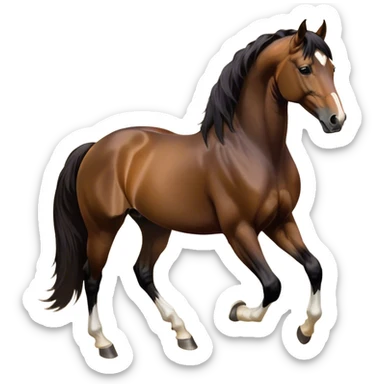 Cinematic Noble Bay Horse Portrait Emoji, Poised and regal, with a strong, athletic build and a rich, well-groomed bay fur accented by a dark mane and tail, deep-set soulful amber eyes, Simplified yet sharp and sophisticated features, highly detailed, glowing with a warm, dignified glow, high shine, intelligent and majestic, stylized with an air of equine elegance, focused and attentive, soft glowing outline, capturing the essence of a watchful and confident steed, so majestic it feels as though it could gallop out of the screen with effortless authority! sticker