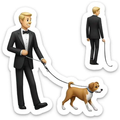 Man wearing tuxedo walking a dog sticker