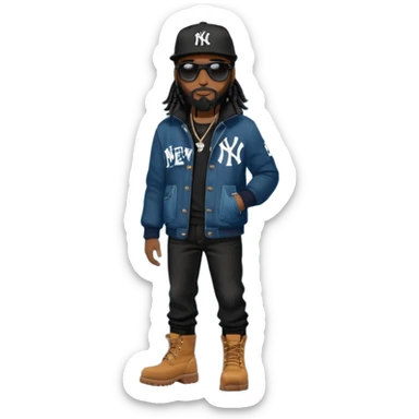 African American man with shoulder length black dreadlocks with black beard wearing black sunglasses wearing a black New York Yankees logo baseball cap wearing a black bubble winter coat wearing denim skinny jeans and Timberland boots with on hand in his pocket sticker