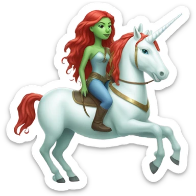 [(a light green Amazon alien woman with red hair with blue eyes) on a (four-legged white unicorn)] sticker