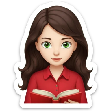 Long wavy dark brown haired, white skinned, dark green eyed girl in red blouse reading a book sticker