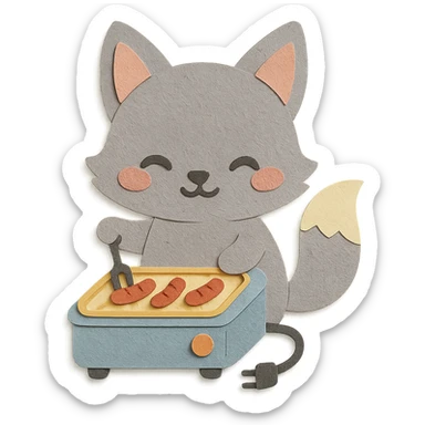 chibi electric grill-fox hybrid cooking tiny sausages, blushing, pastel grey, full-body sticker