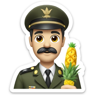 A white man with black hair and a toothbrush mustache wearing a military uniform holding a pen and pineapple  sticker