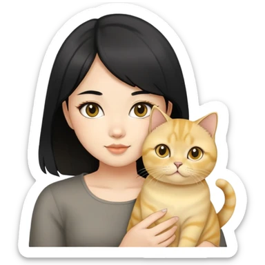 asian girl with black hair and gold ombré at bottom，holding a golden british shorthair cat sticker