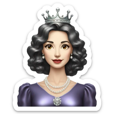 Regal pretty slender middle age woman photograph defined cheekbones high cheekbones crown vintage with very long iridescent black and silver hair wavy long hair pearl crown iridescent sticker