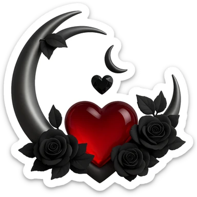 Change the heart to red glass, keep the silver crescent moon and small black roses, gothic and luxurious style. The original style is 3D emoji style but it does not support editing, so use a general style editor to achieve a 3D emoji look with no background. sticker