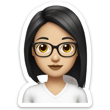 Create me a girl with a square cut, black hair, and square glasses and white skin and dark brown eyes with a laptop  sticker