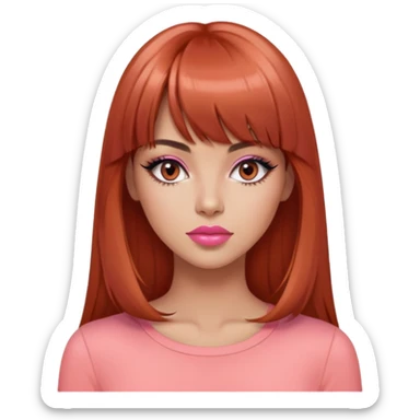 gorgeous woman, light tan skin, black eyes, long beautiful auburn hair, bangs, pink top, coral lipstick, cool, model sticker