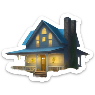 very very big Cabin near a big tree.  Thick moss growing on the roofs. grass fields. porch lights turned off. bright white interior lights turned off. guests sitting in chairs on the porch, flowers and bushes are yellow and blue. sticker