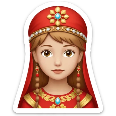 Slavic-looking girl with light brown hair, wearing a red and gold kokoshnik sticker