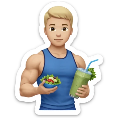 A young male person with a muscular, well-defined build. He has short dark blonde hair, a light skin tone, and a neutral facial expression. He wears blue cloth. He is holding a salad in one hand and a protein shake in the other. sticker