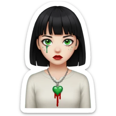Guria com cabelo preto franjinha sangrando olhos verdes  fundo preto e um piercing bridgepiercing sticker