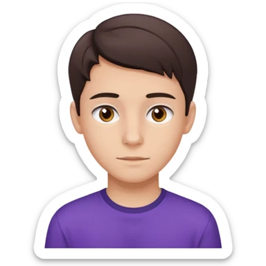 a 17 year old boy with a brunette middle part, brown eyes, fair skin, and a purple shirt  sticker