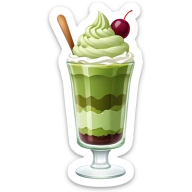 Japanese matcha parfait in a glass, with layers of green tea ice cream, and whipped cream sticker