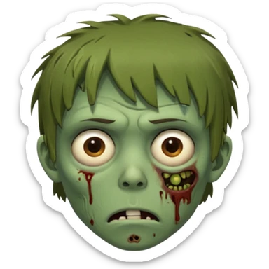 zombie slim youthful face, messy brown fringe, muted green skin tone, tired heavy-lidded eyes with visible under-eye darkness, a neutral slightly bored expression, and an overall low-energy, sleep-deprived, mentally fried vibe, sticker