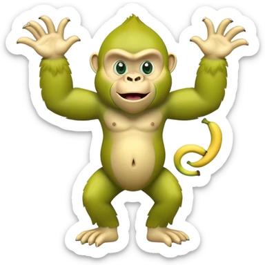 A yellow banana with arms and legs and a green gorilla head with expressive eyes sticker