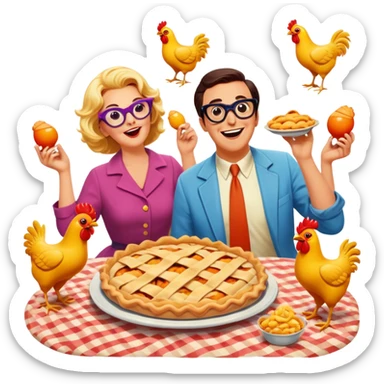 A vintage movie poster-style design featuring a playful, humorous scene with exaggerated characters. Include bright colors, clumsy actions, and classic comedy props like pies, rubber chickens, and oversized glasses. Retro cinematic vibe with a cheerful atmosphere. Transparent background. sticker