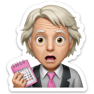 Doc Brown, in Back to the Future, looking shocked, mouth wide open, with a shocked expression. Without glasses. Wearing a silver dress with black trim, a pink collared shirt and a white tie, holding a calendar. sticker