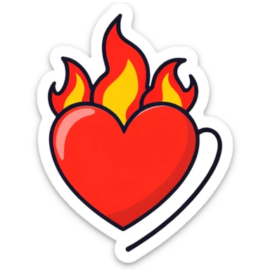 red heart with flames coming off of it all over sticker