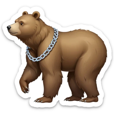 Full-length realistic bear on all four legs in walking position, medium brown color, stern face, head to tail view, ice chain necklace sticker