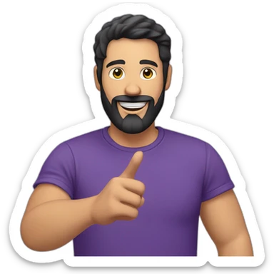 a white man with a black beard, pointing the camera with his fingers, he wears a purple tshirt, smiling,he has a modern haircut sticker