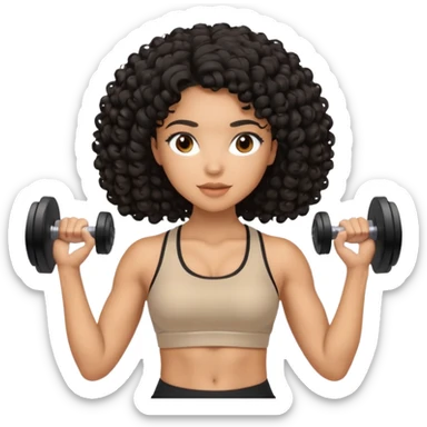 Mixed-race woman with caramel skin, black curly hair, wearing beige activewear, doing light dumbbell curls sticker