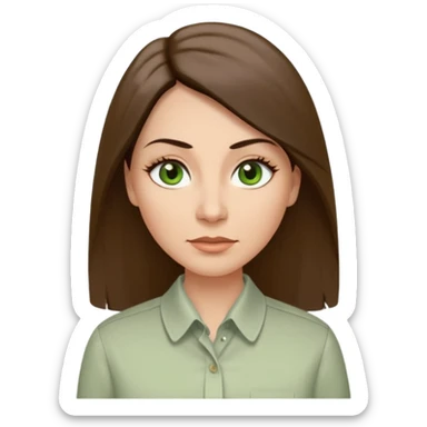 43 year old Adult woman avatar, light skin tone, long, oval face, long straight ashy brown hair, green almond-shaped eyes with dramatic eyelashes and minimal eyeliner, neutral mouth, medium straight eyebrows, average nose, smooth skin,  seersucker collared button down shirt sticker