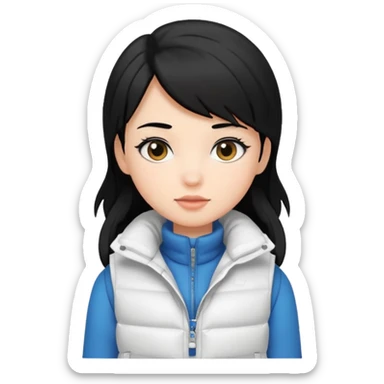 girl with black hair in a white puffer vest sticker