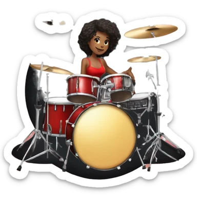 alistic full body caucasian curvy beauty short black skirt front view knickers long white socks sitting playing red drumkit sticker