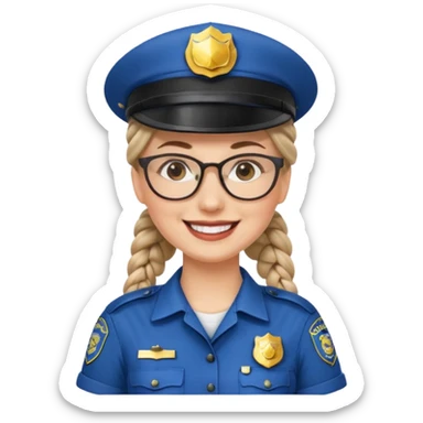 happy white woman police with braided hair wearing hat, glasses  sticker