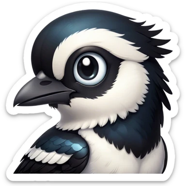 Cinematic Cute Magpie Portrait Emoji, Head tilted playfully and inquisitively, featuring a compact, elegant form with glossy, contrasting black and white feathers and round, sparkling eyes full of playful charm, Simplified yet irresistibly adorable features, highly detailed, glowing with a warm, inviting glow, high shine, affectionate and lively, stylized with a touch of whimsical urban flair, soft glowing outline, capturing the essence of a mischievous yet endearing magpie that seems as if it could flit out of the screen into your arms! sticker