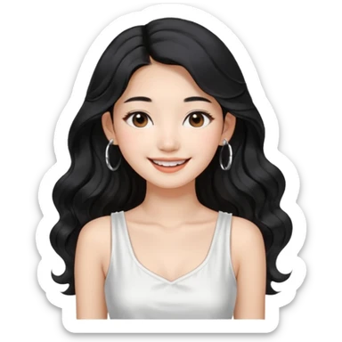 Korean 24-year-old female online shopping mall seller / white face / earrings / smiling expression / long wavy hair / influencer vibe / fashionable / black hair / silver earrings / white dress sticker