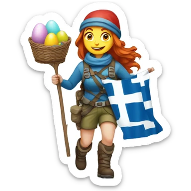 Female winter mountaineer red hair climbing with Greek flag and holding Easter eggs basket sticker