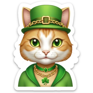 female cat dressed in hip-hop Run DMC style, green outfit, shamrock accessories, gold chains, bling, St. Patrick's Day sticker