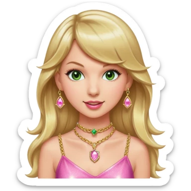 Green eyed smiling Taylor swift with long hair wearing a sparkly pink minidress a pink and goldchoker with gold gemstone chains at the eras tour sticker