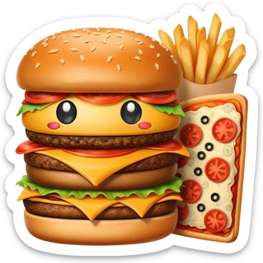 A happy smiling burger next to a pizza slice and french fries sticker