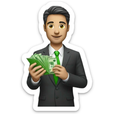 A businessman holding an iPhone with a green screen in one hand and a pack of money in the other hand sticker