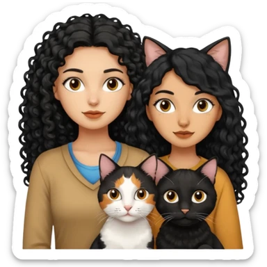 2 mujeres una crespa otra mujer de cabello largo liso negro y 2 gatos uno negro y otro tres colores sticker